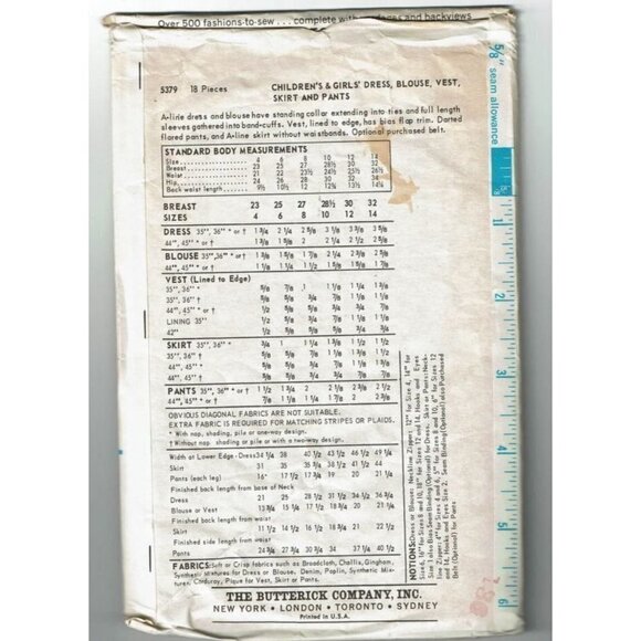 VTG CUT Sewing Pattern Butterick 5379 Girls Dress Blouse Vest Skirt Pants Size 1 - Picture 2 of 2